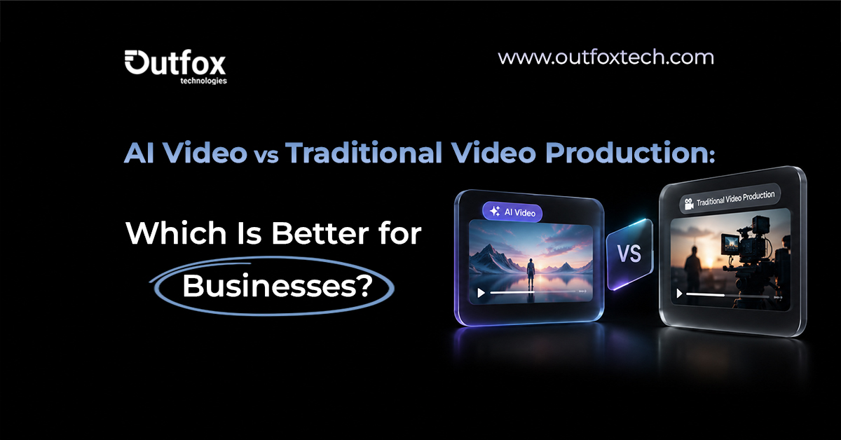 Graphic comparing AI video and traditional video production for businesses, featuring two video-production panels labeled “AI Video” and “Traditional Video Production,” with a “VS” symbol between them.